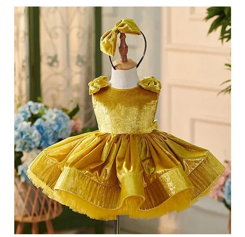 Robe Courte Dorée pour Filles 2026 Nouvelle Collection Luxe Princesse Tenue Enfant Robes Formelles C