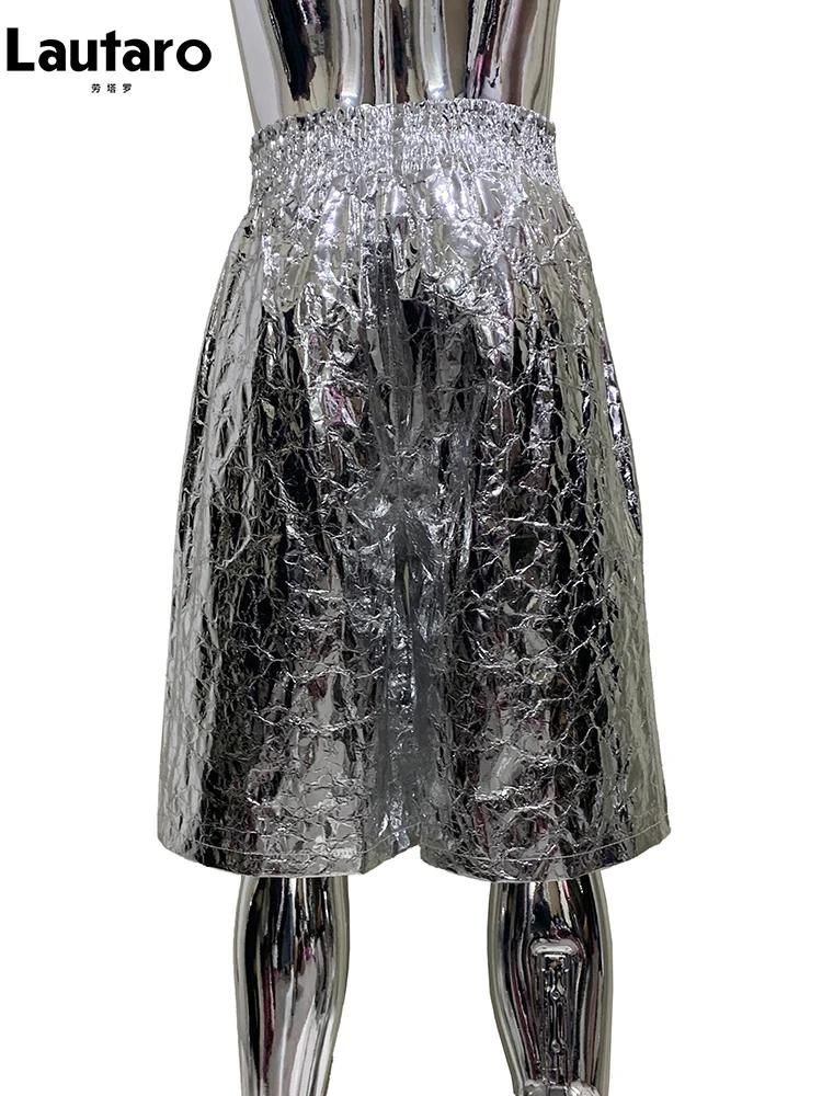 Lautaro été automne brillant argent Faux cuir Shorts pour hommes avec taille haute élastique Y2K Str