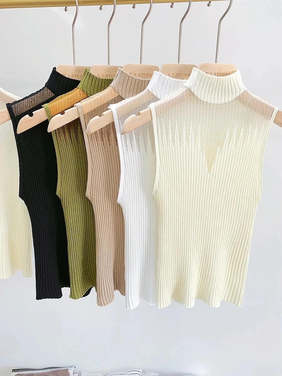 Haut tricoté en maille pour femmes, débardeur Y2K, gilet demi-cou, pull sans manches, Chic, découpé,