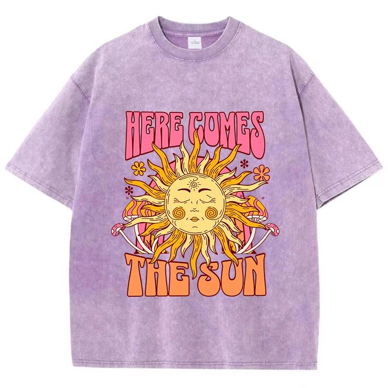 T-Shirt délavé surdimensionné pour femmes, en coton, imprimé ici arrive le soleil, décontracté, col 