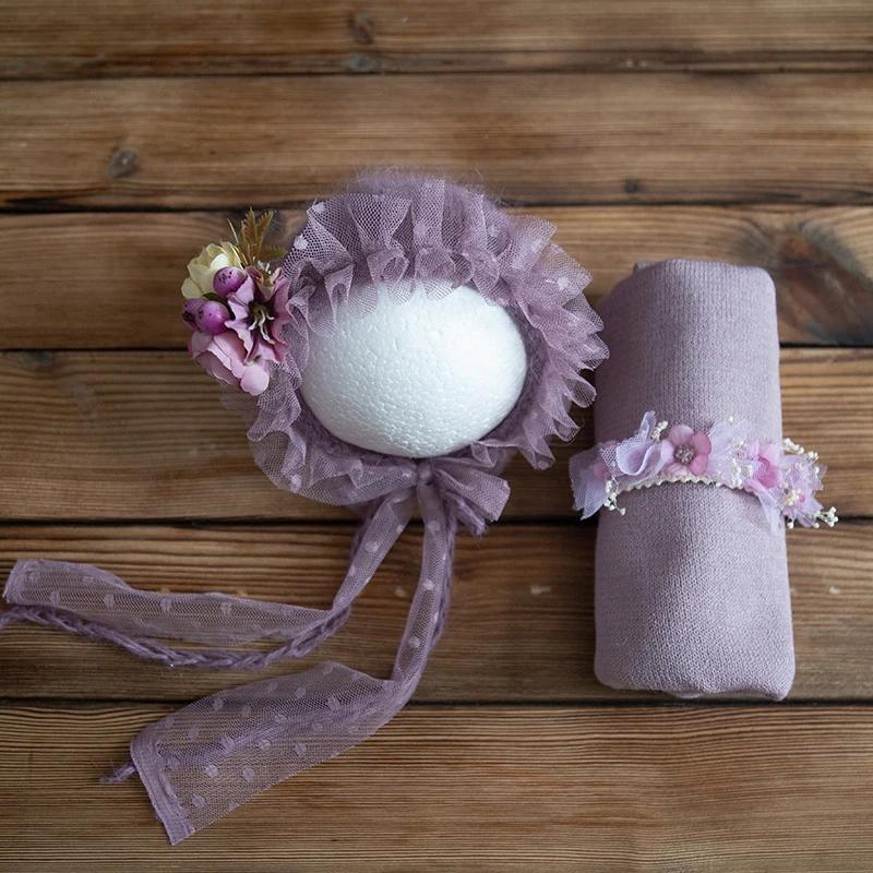 Nouveau-né tricot extensible Mohair enveloppement dentelle volants couture Bonnet et bandeau photogr