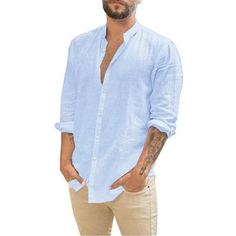 Chemises à manches longues pour hommes, en coton et lin, couleur unie, col montant, décontracté, Sty
