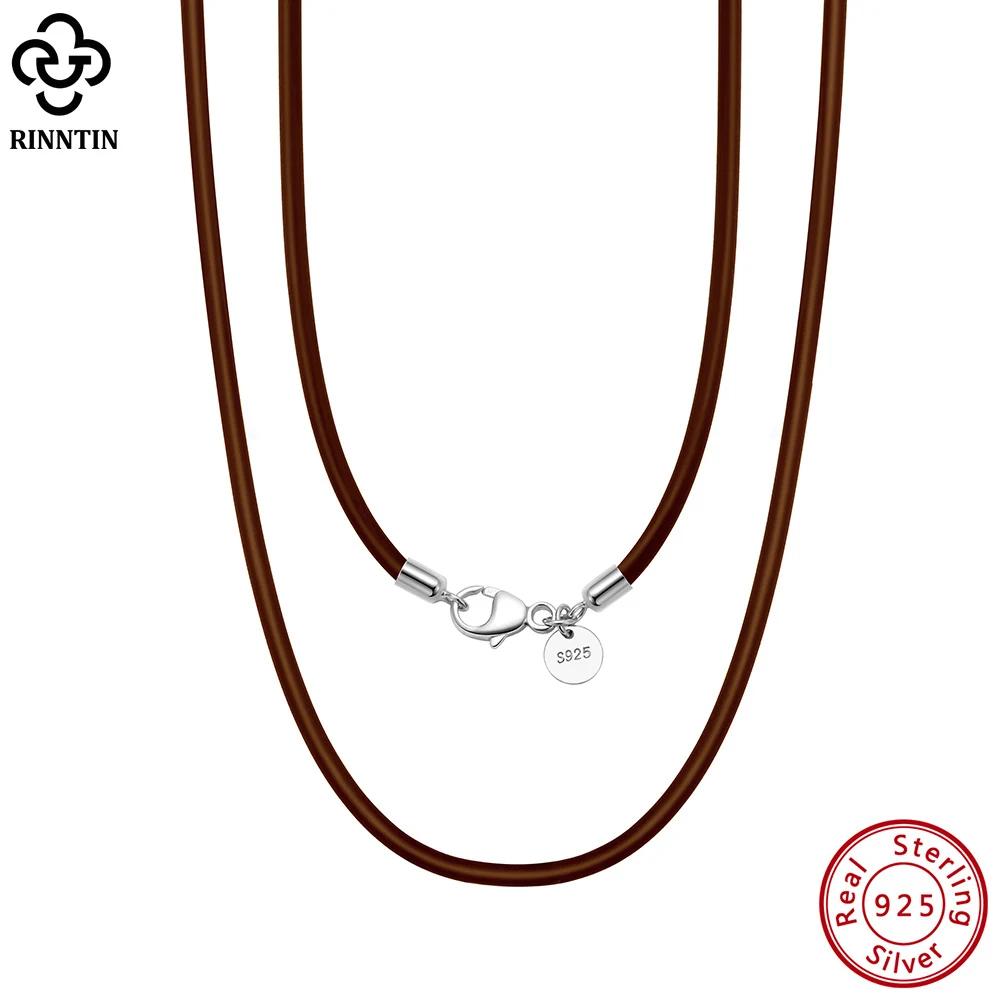Rinntin véritable italien 2mm marron cuir cordon chaîne collier pour femmes hommes avec 925 en argen
