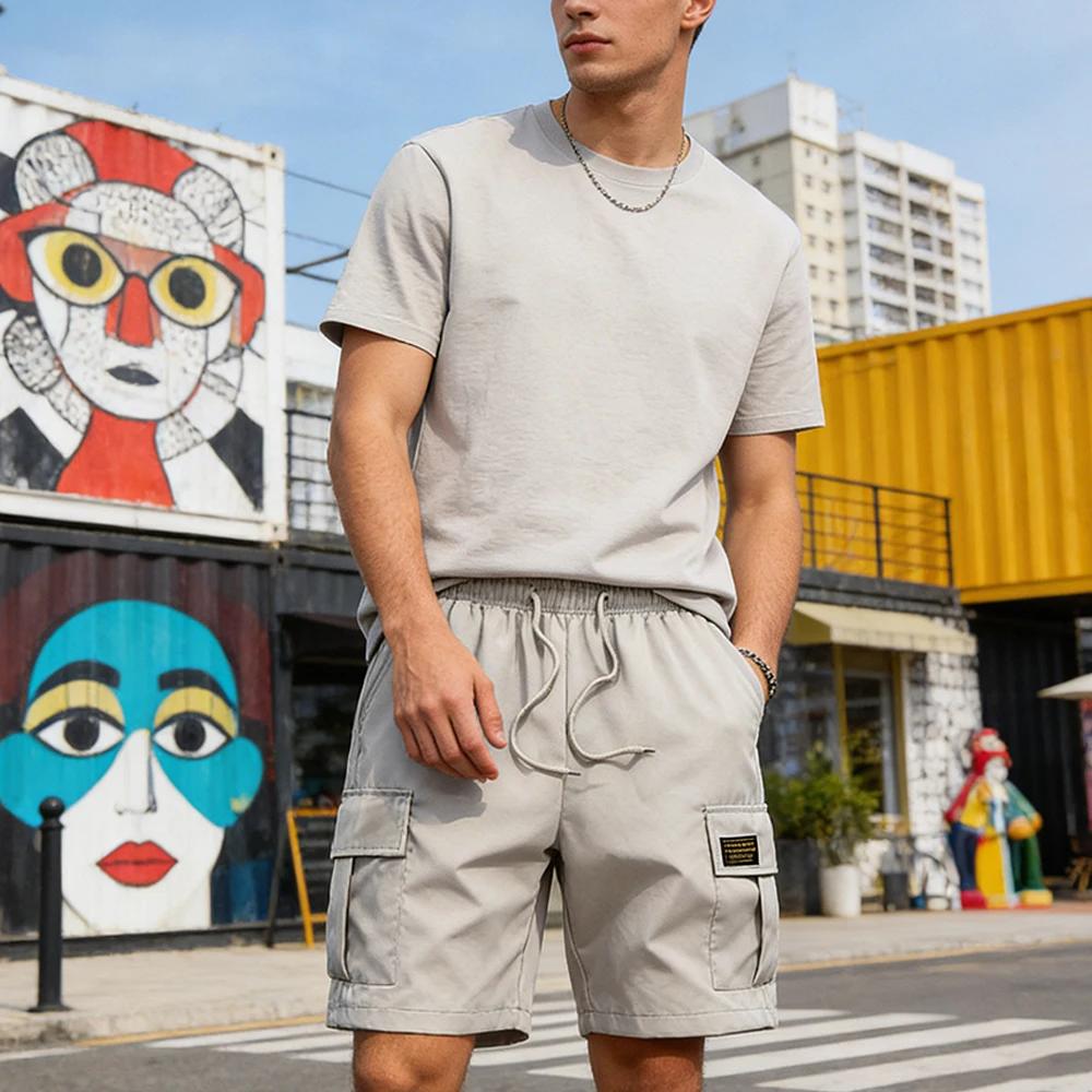 Shorts cargo d'été pour hommes, couleur unie, avec cordon de serrage, poches à rabat, décontractés, 