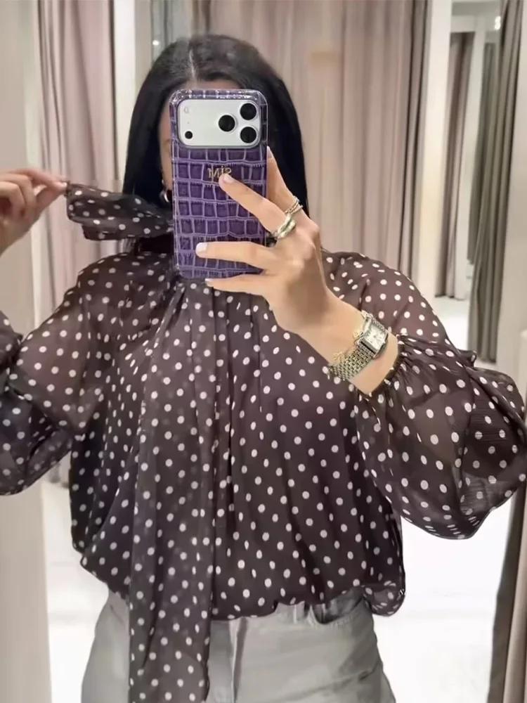Femmes à pois imprimé Blouse décontracté col haut à manches longues dame haut Simple femmes Blouse f