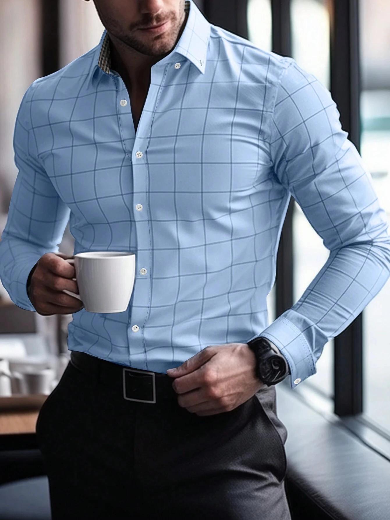 Chemise à carreaux de couleur unie pour hommes chemise boutonnée à manches longues affaires décontra