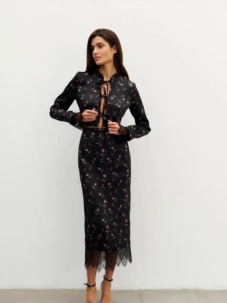 CNYISHE imprimé costumes 2 pièces (hauts + jupes) femmes ensembles mode décontracté à lacets à manch