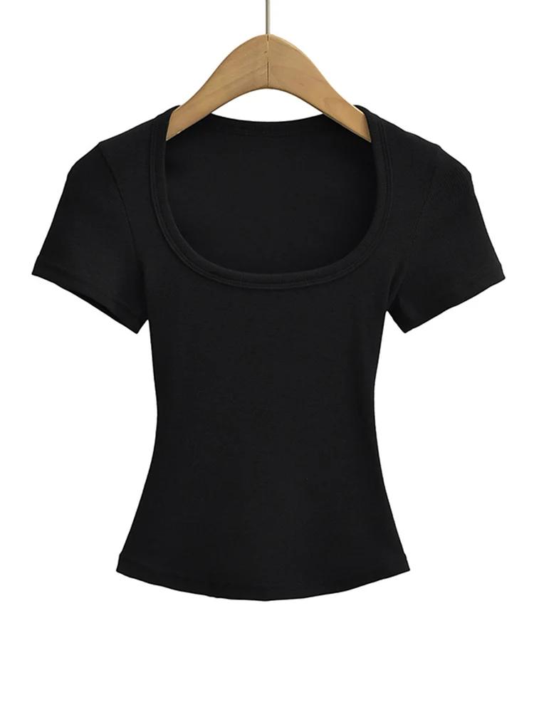Col carré haute Stretch été culture hauts femmes à manches courtes hauts Sexy pull sommets Blouses m