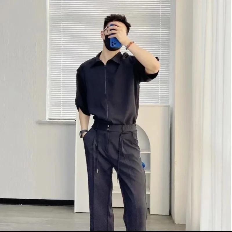 Fermetures éclair chemises pantalons costumes pour hommes plaine respirant vêtements d'été nouveau c