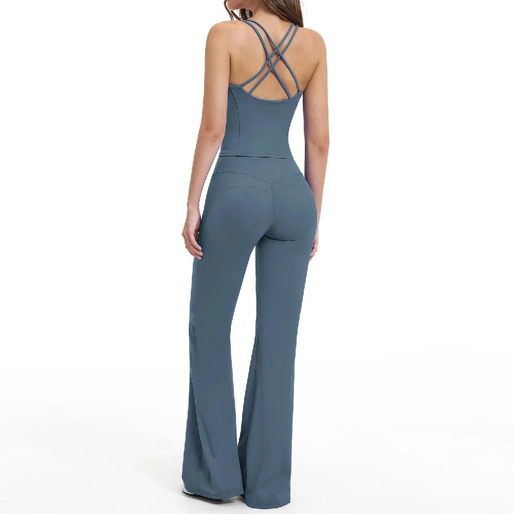 Ensemble de yoga 2 pièces pour femme : pantalon évasé et débardeur de sport antichoc – Tenue de spor