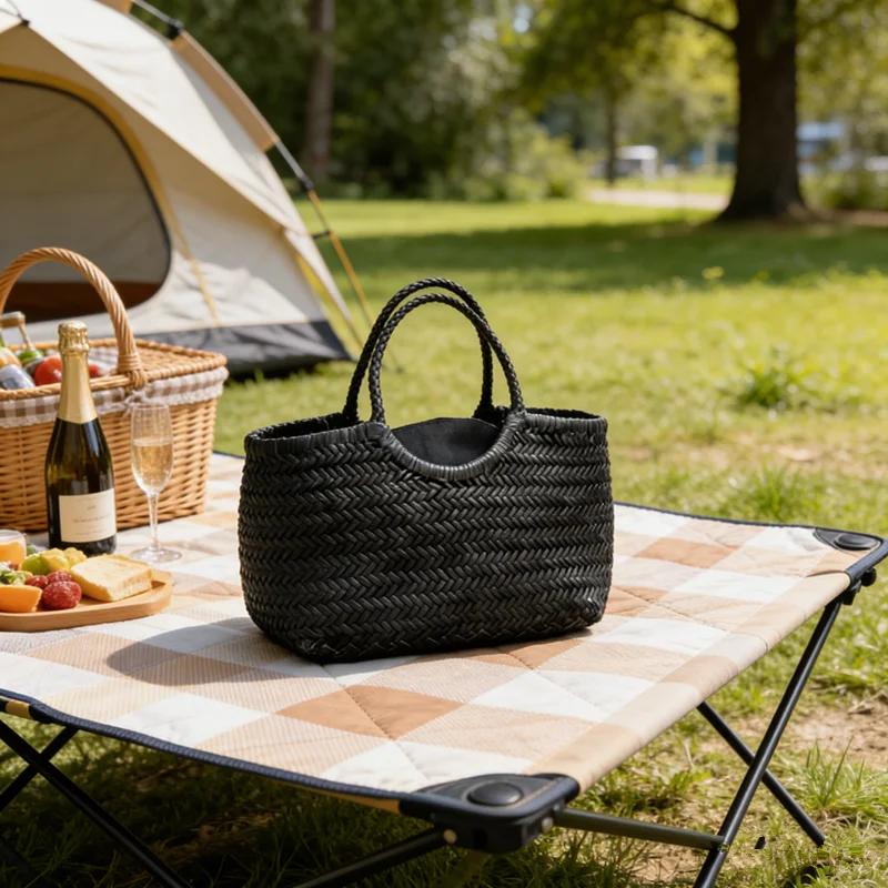 Sacs à main en cuir véritable pour femmes, sac à provisions décontracté tissé de luxe, panier vintag