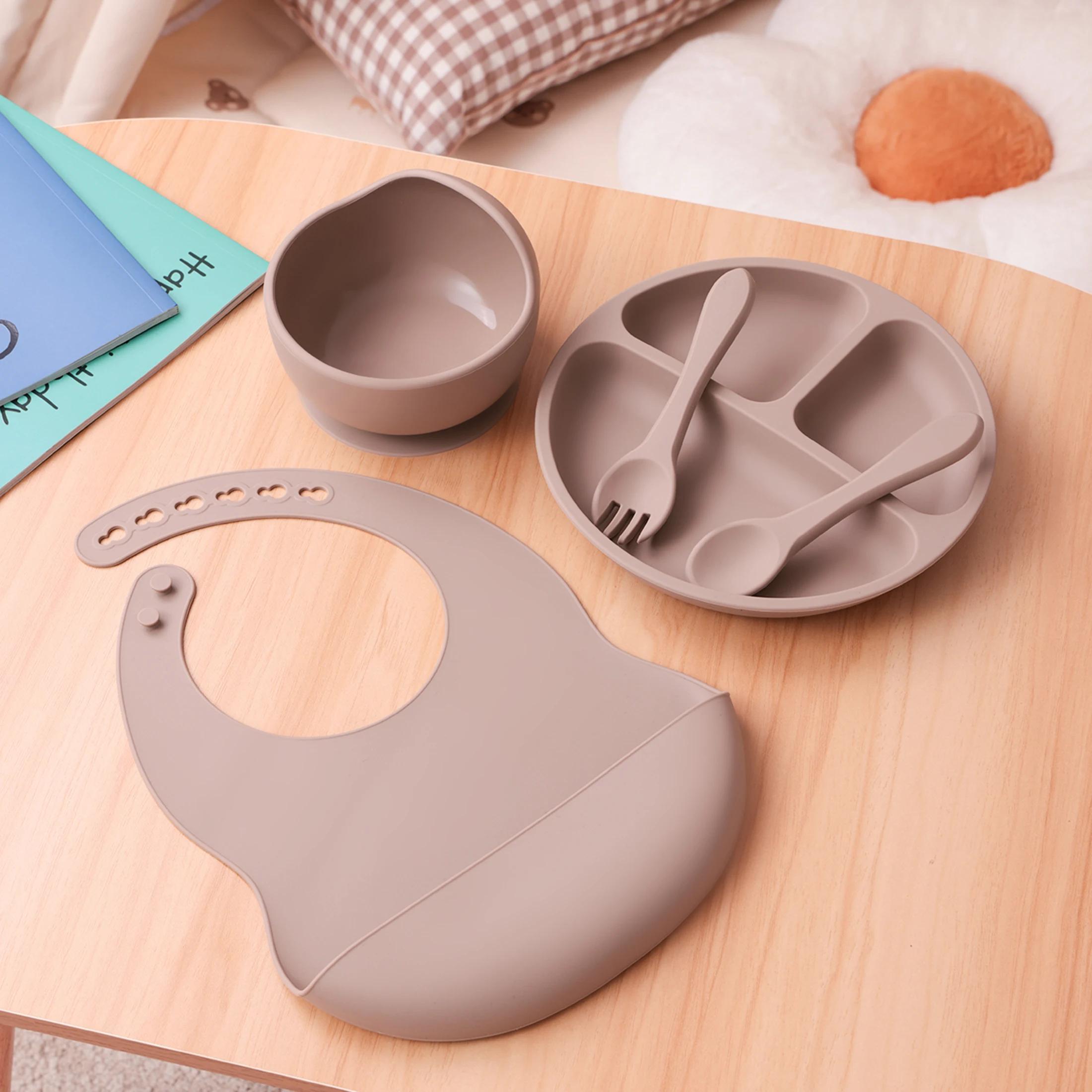 Ensemble d'alimentation en Silicone pour enfants, 5 pièces, plats à succion, assiette sans BPA, bol 