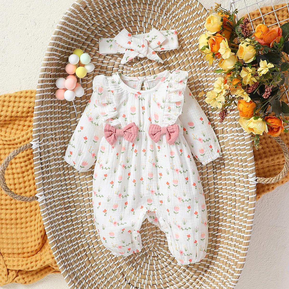 Combinaison bébé fille manches longues floral - Vêtement nouveau-né 6M avec nœud - Toutes saisons confortable