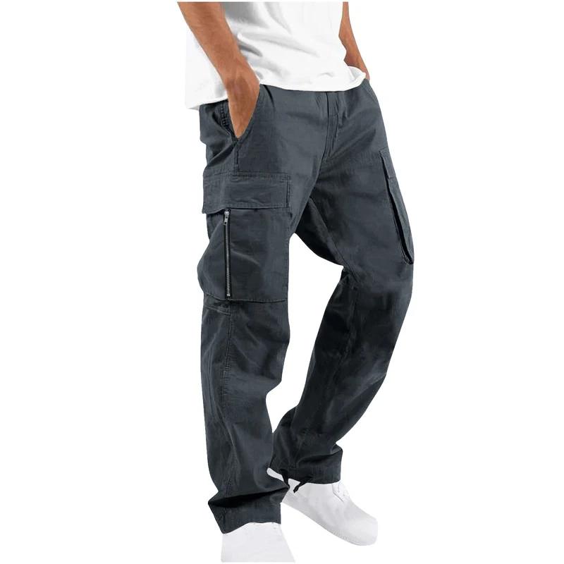 Pantalon cargo en polyester tissé pour homme, multi-poches, coupe droite, taille à cordon, vêtements