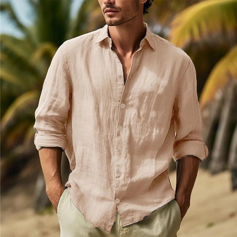 Chemises en coton et lin pour hommes, col rabattu, chemise hawaïenne solide, légère et respirante, c