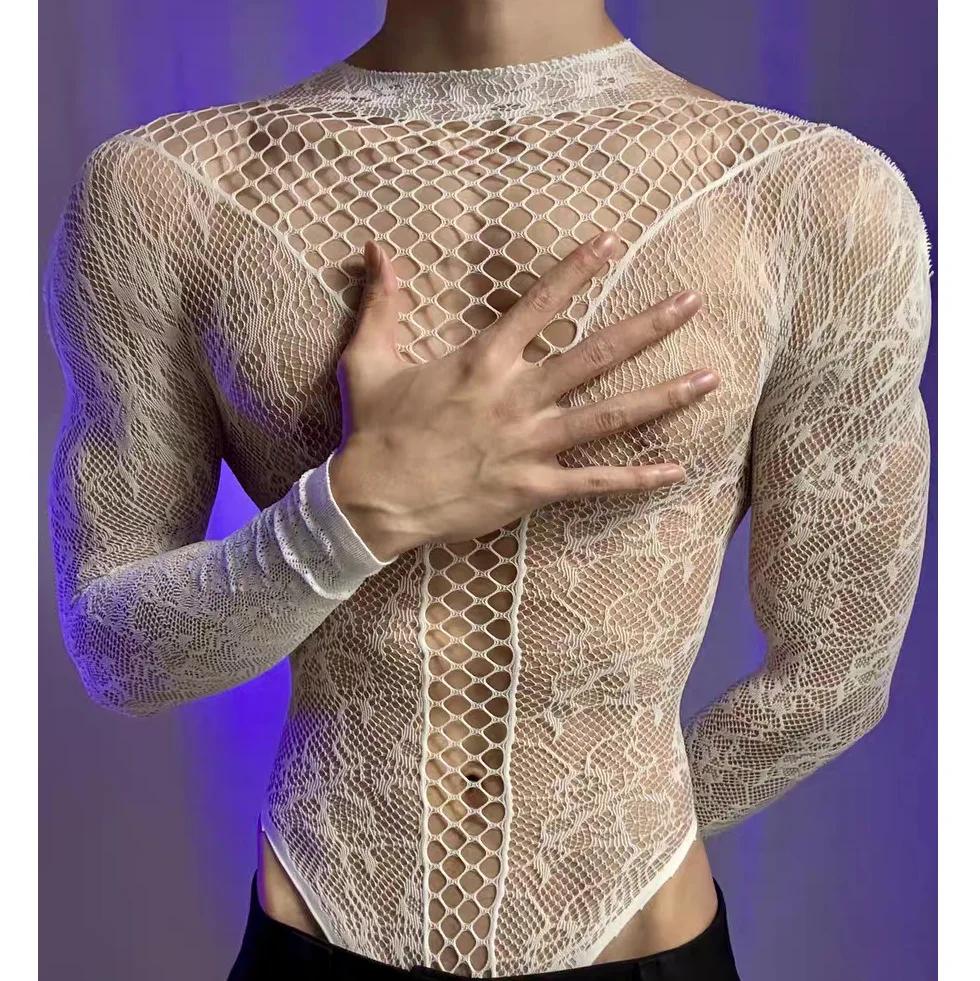 T-shirt d'été en maille transparente à manches longues et col rond pour hommes et femmes, combinaiso