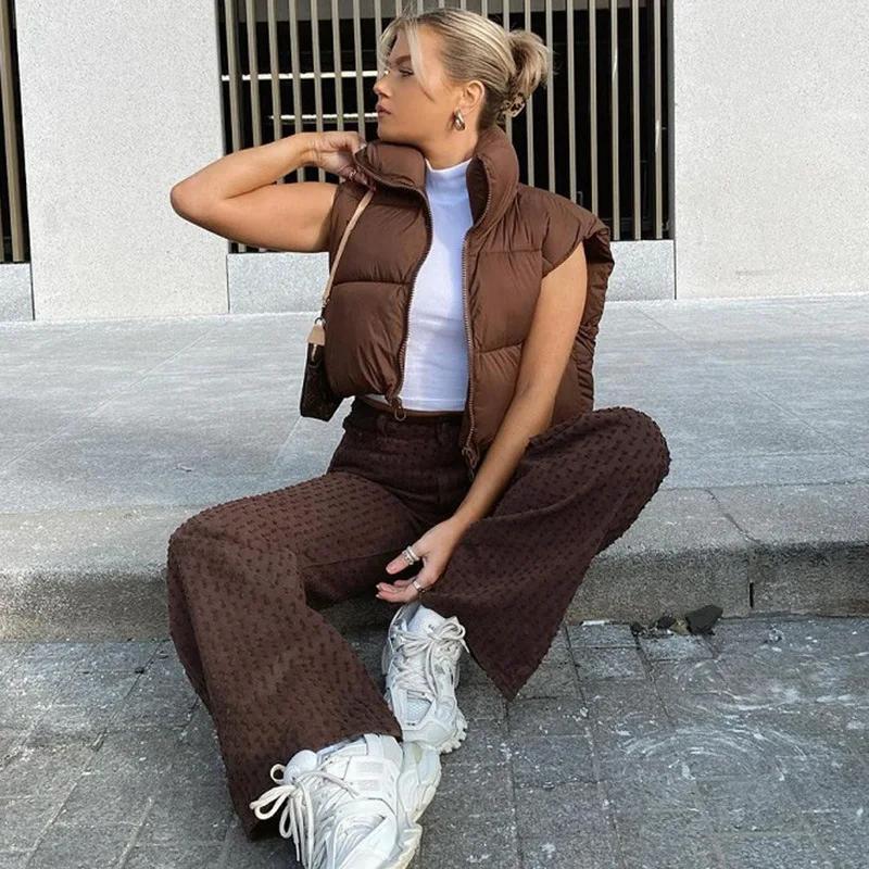 Gilet court sans manches pour femme, veste chaude à col montant avec fermeture éclair, manteaux cour