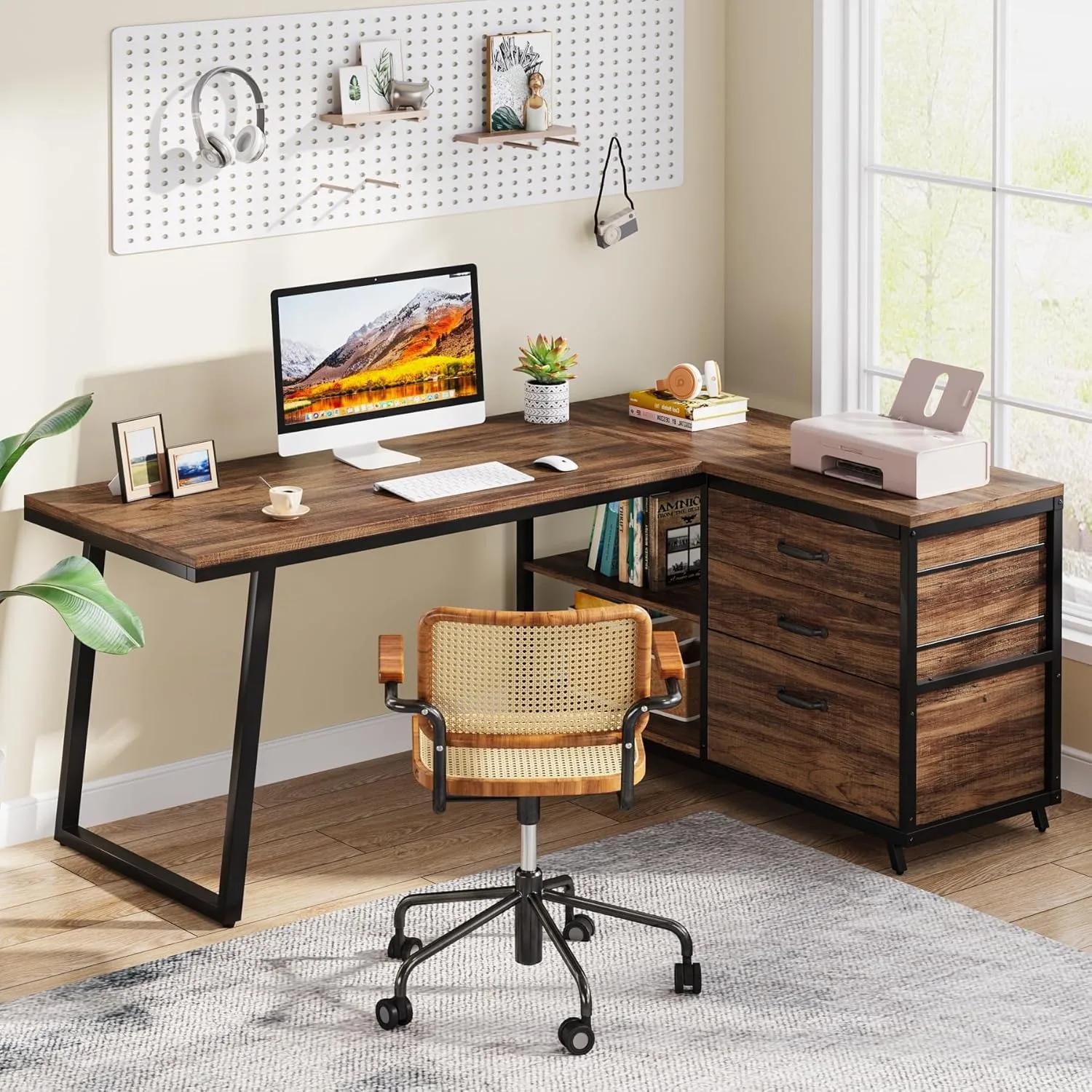 Bureau d'ordinateur en forme de L avec 3 tiroirs, bureau à domicile avec étagères, bureau PC industr