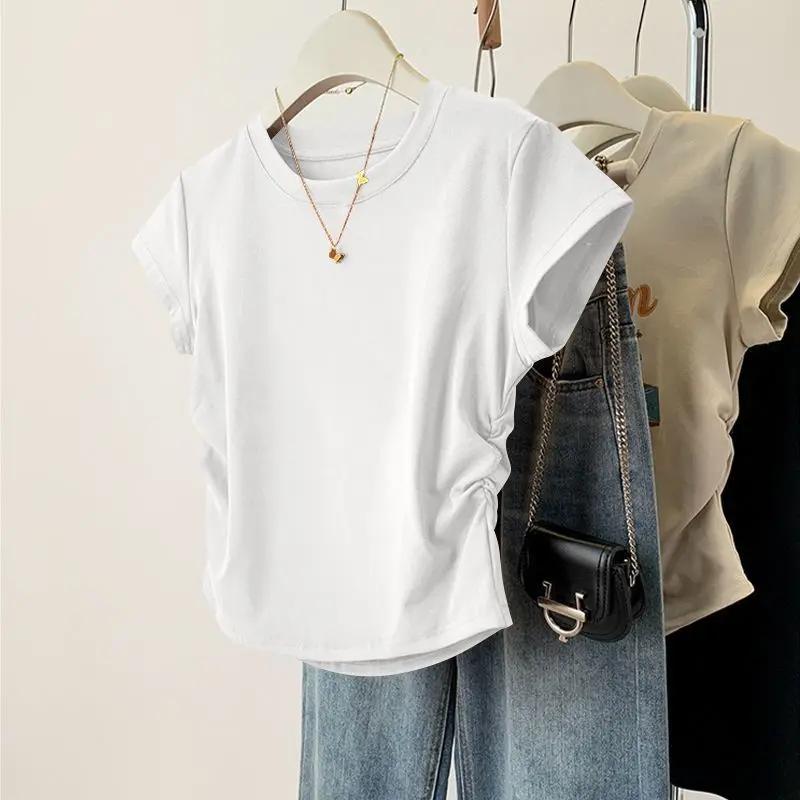 Haut d'été à manches courtes pour femmes, chemise de Base polyvalente, coupe cintrée, col rond, déco
