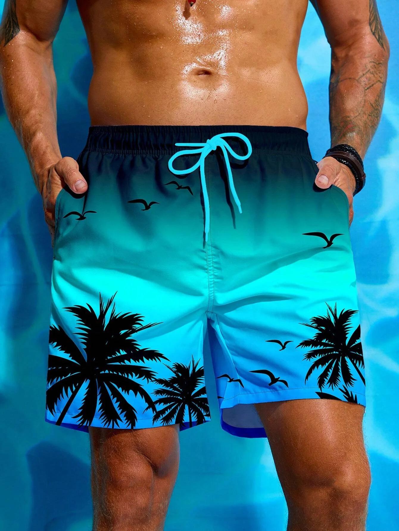 Short de bain respirant avec imprimé palmier pour hommes, short de planche à la taille, maillot de b
