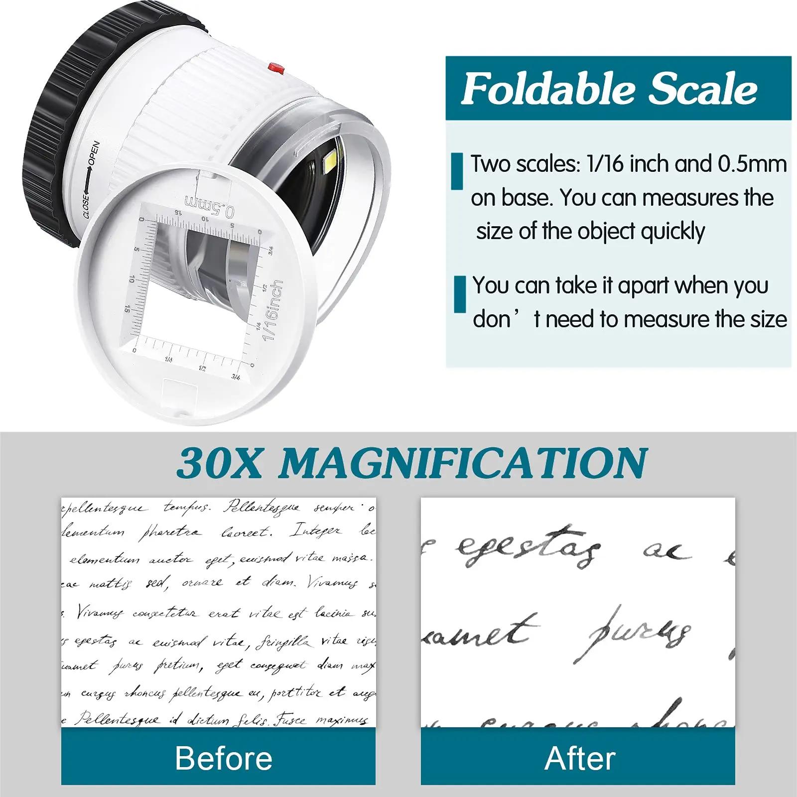 Loupe cylindrique portative 30X avec échelle LED lumière UV Loupe éclairée Focale réglable HD Loupe 