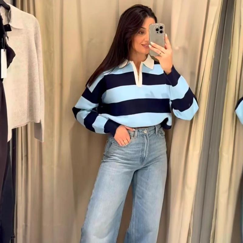 Pull tricoté à col polo pour femme, collection Printemps 2026, rayures tendance, coupe ample, élégan