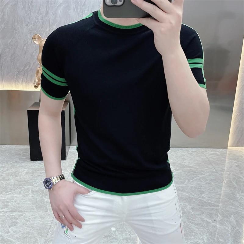T-shirt d'été à rayures pour hommes T-shirt à col rond à manches courtes Ice InjShort T-shirt Slim F