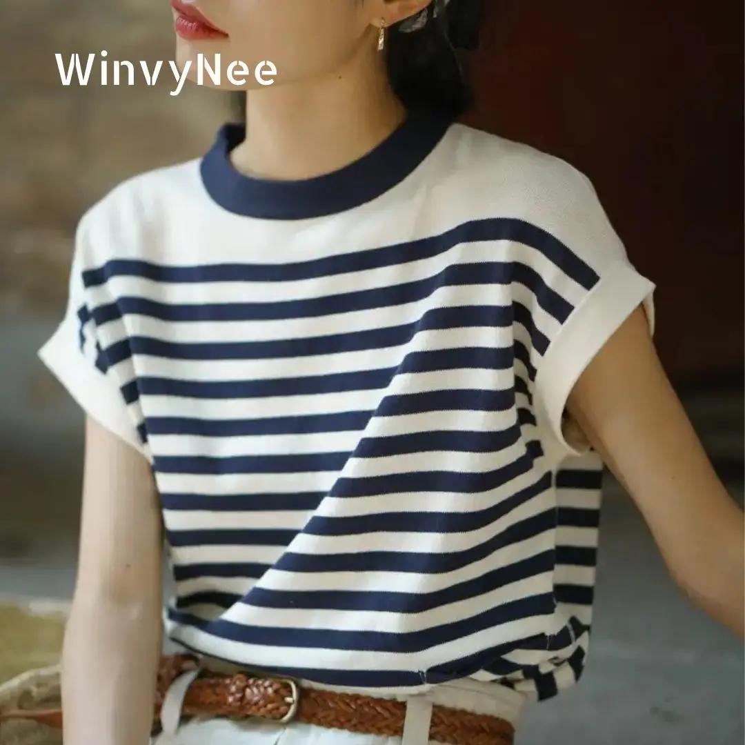 WinvyNee – vêtements d'été pour femmes, hauts sans manches en laine, col rond, t-shirts à demi-manch