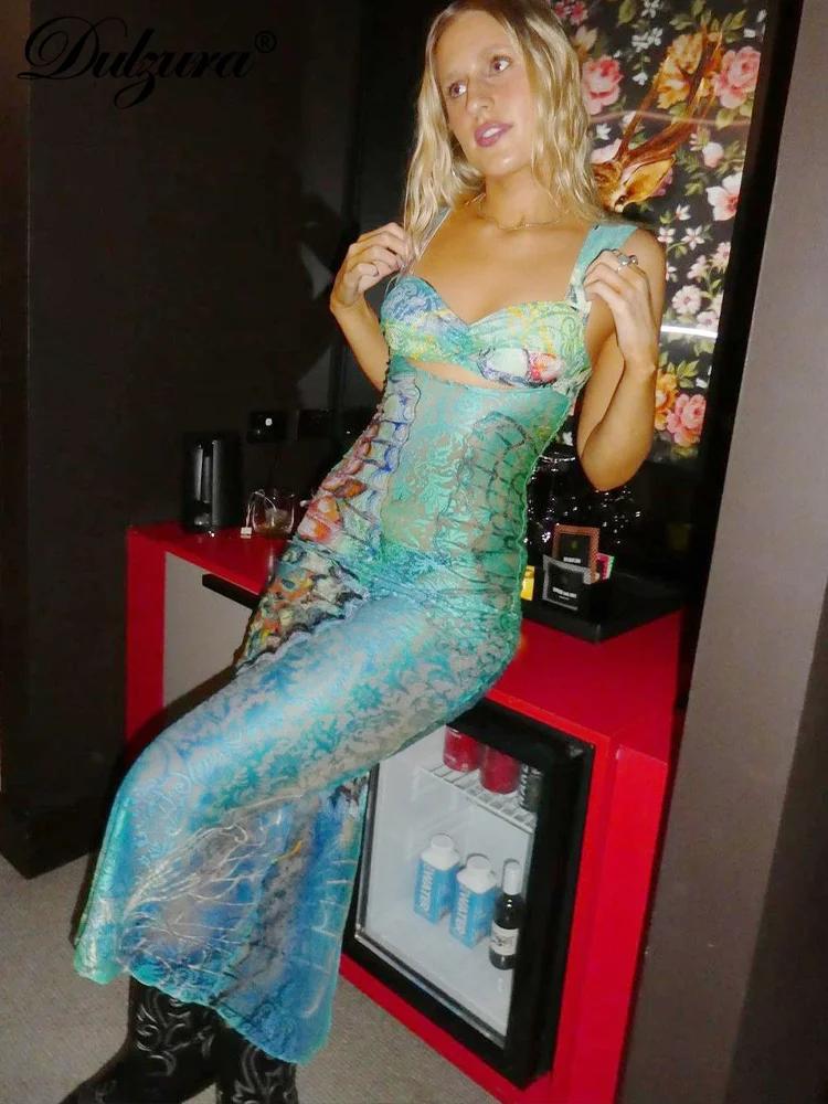 Dulzura – robe Maxi découpée en dentelle imprimée, moulante, Sexy, Club de fête, tenues Y2K, Streetw
