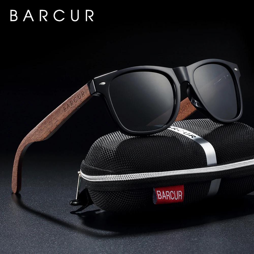 BARCUR-Lunettes de soleil polarisées carrées en bois pour homme, accessoire de haute qualité, boîte 
