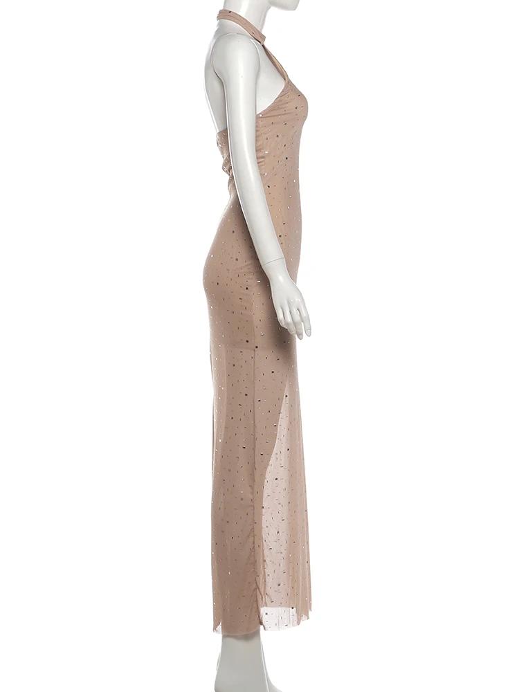 Robe de soirée sexy Kliou pour femme, décoration en faux diamants, col rond, épaules dénudées, taill