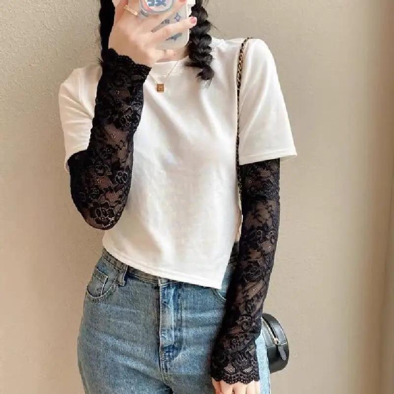 Gants de conduite à manches élastiques pour femmes, mitaines sans doigts, crème solaire, noir, blanc