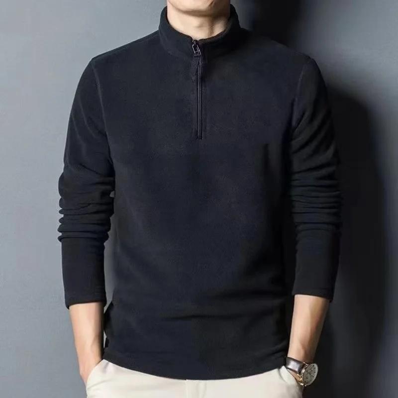 Polos chauds en laine d'agneau pour hommes, sweat-shirt, col montant, demi-fermeture éclair, manches