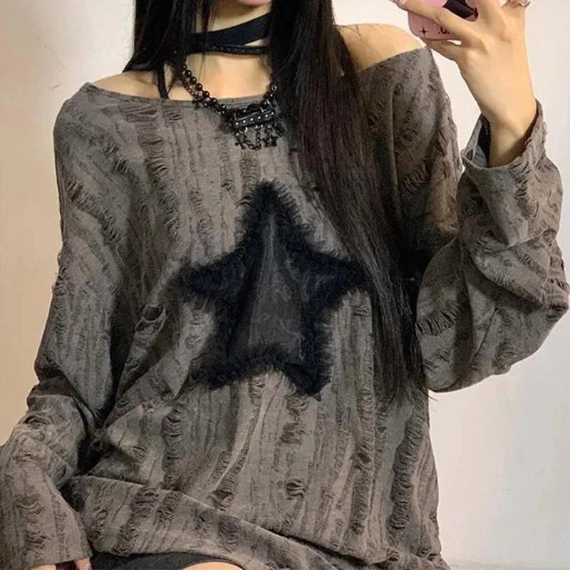 Y2K trou étoile imprimé T-Shirt femmes mode Streetwear épaules nues hauts été surdimensionné Kpop à 