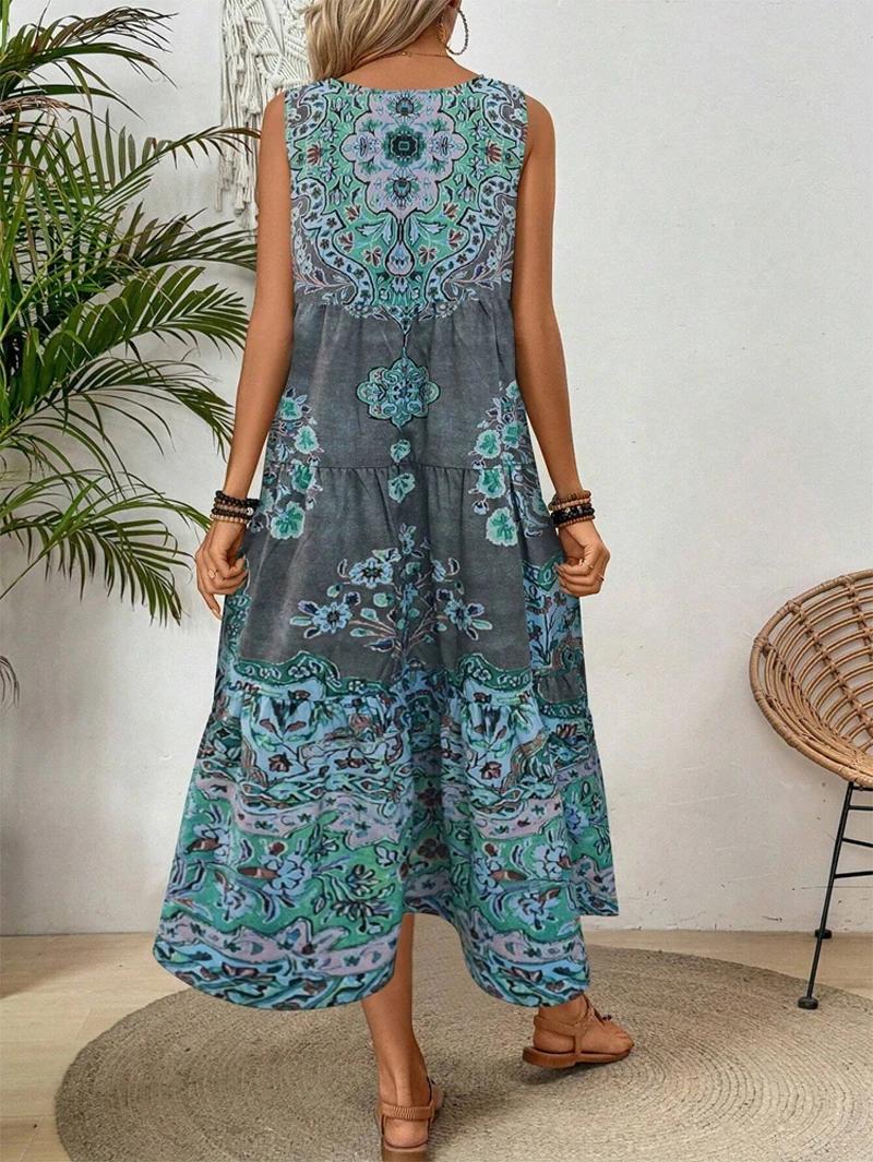 Robe d'été sans manches à col rond imprimée pour femmes, adaptée aux vêtements décontractés ou de pl