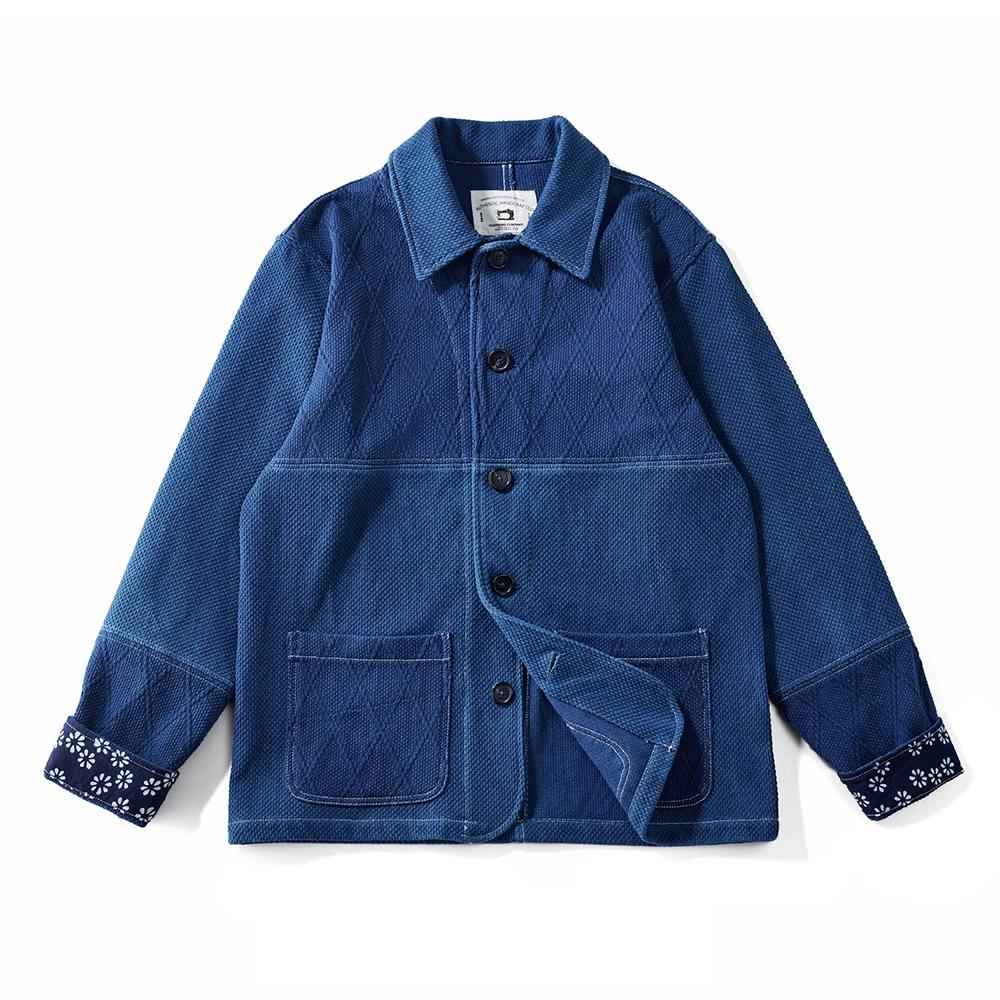 Vintage Indigo Veste Hommes Français Workwear Cargo Outillage Veste Automne Hiver Bleu Teint Kendo T