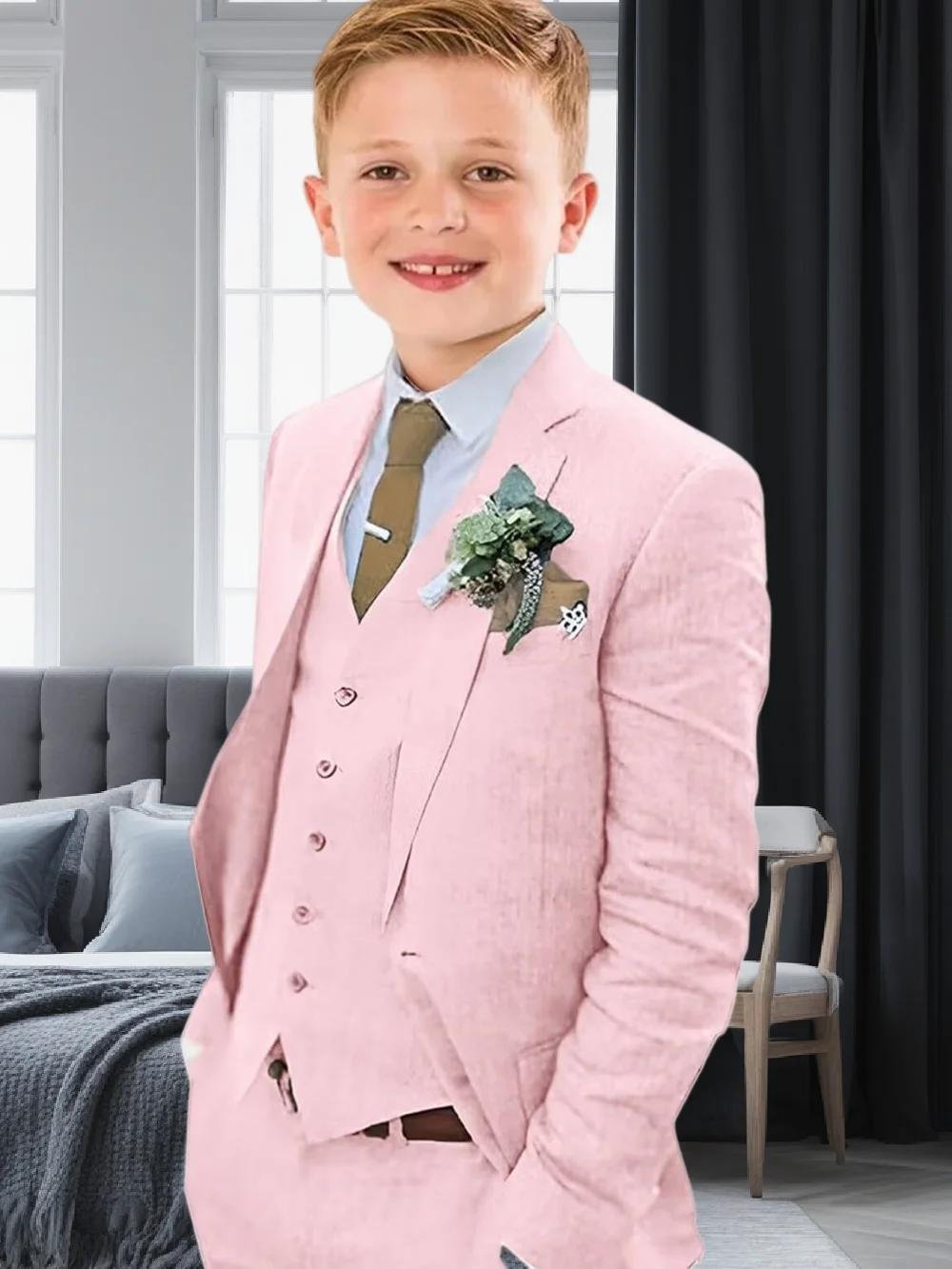 Costume en lin pour garçons, coupe cintrée, 3 pièces, Blazer, gilet, pantalon, été, plage, mariage, 