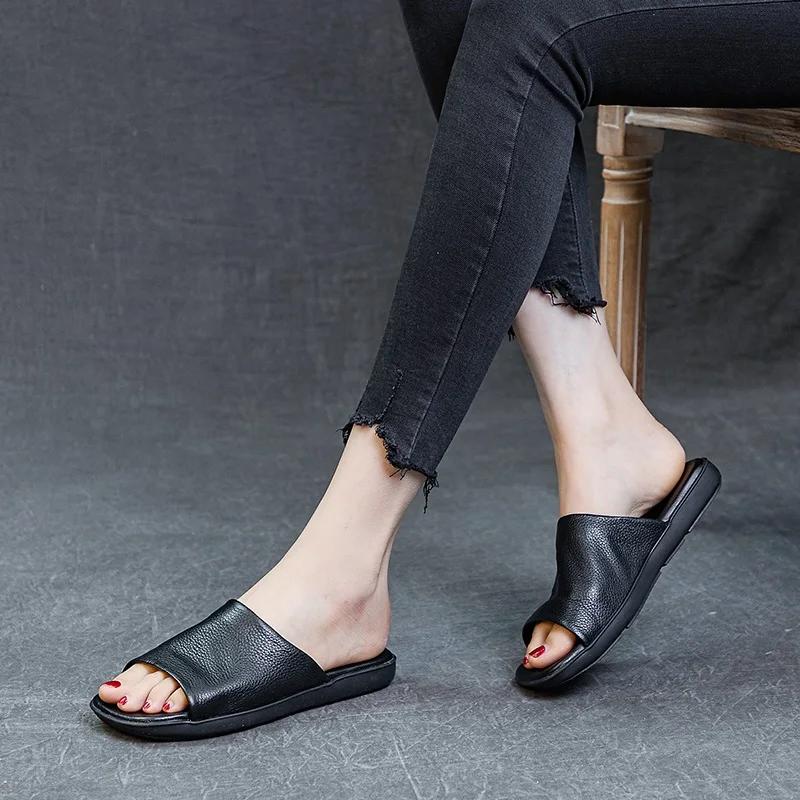 DRKANadvocate-Pantoufles en cuir véritable pour femmes, pantoufles d'été ouvertes, à enfiler, pour l