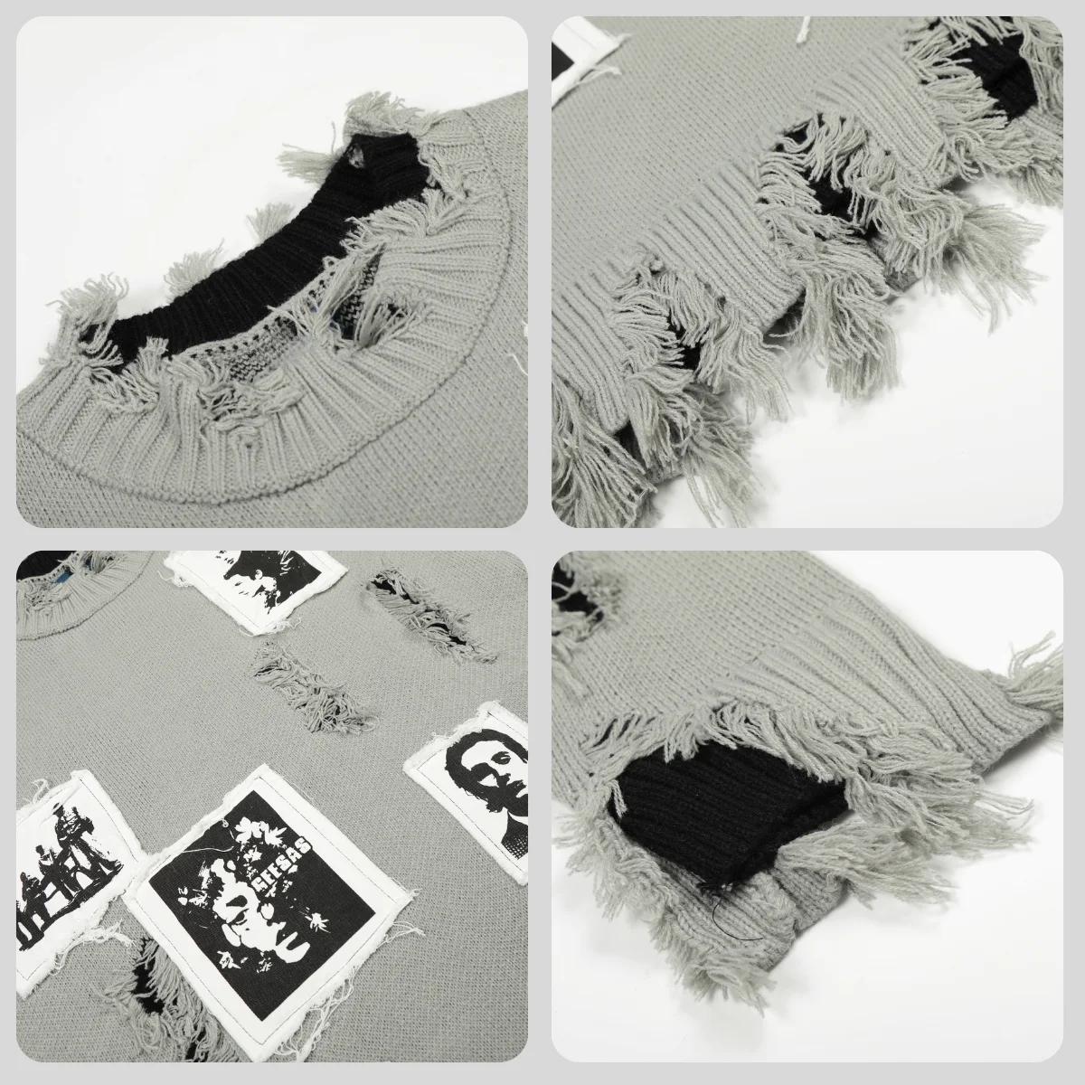 Pull col rond déchiré style rétro américain avec patch portrait, coupe ample, manches longues, décon