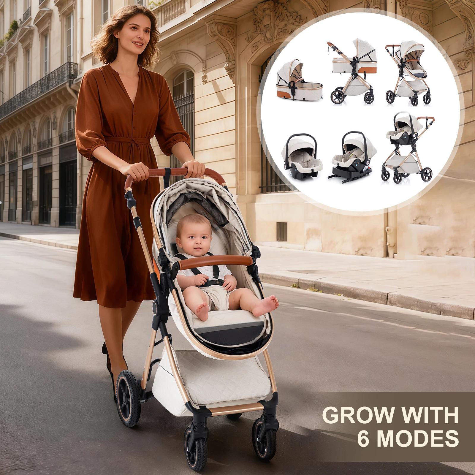 Poussette de luxe 3 en 1, portable, pliable, pour nouveau-né, avec poignée réglable, possibilité d'a