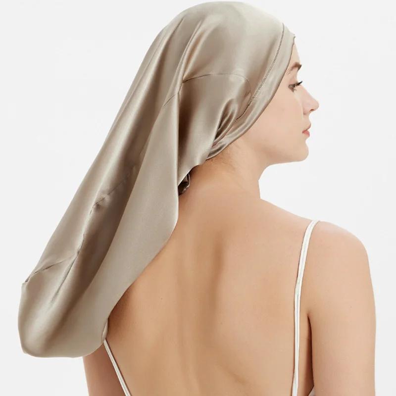 Bonnet de sommeil en soie de mûrier 100%, Bonnets longs avec bande de cravate élastique, bretelles r