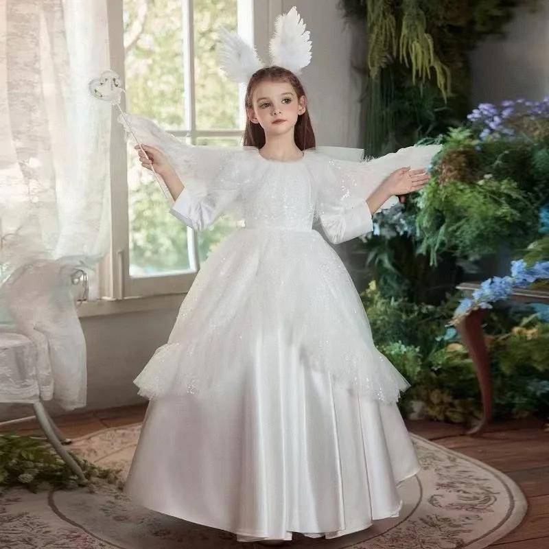 Robe de bal de princesse longue blanche pour filles, idéale pour Halloween, anniversaire, performanc