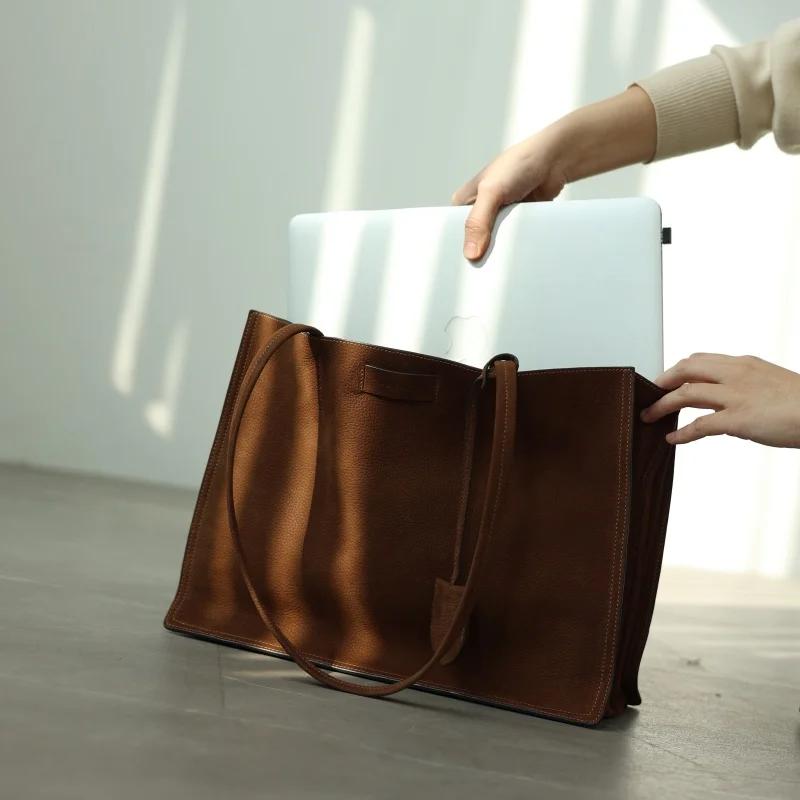 Fourre-tout rétro en cuir véritable pour femmes, sac à bandoulière souple de grande capacité adapté 
