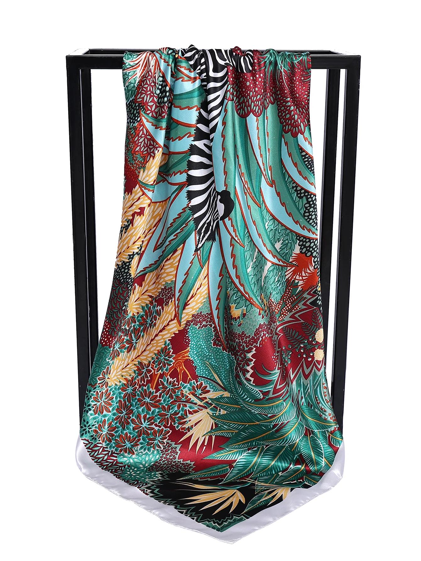 Marque de luxe carré Foulard en soie femmes Satin imprimé Hijab foulards musulman paréo Bandana femm