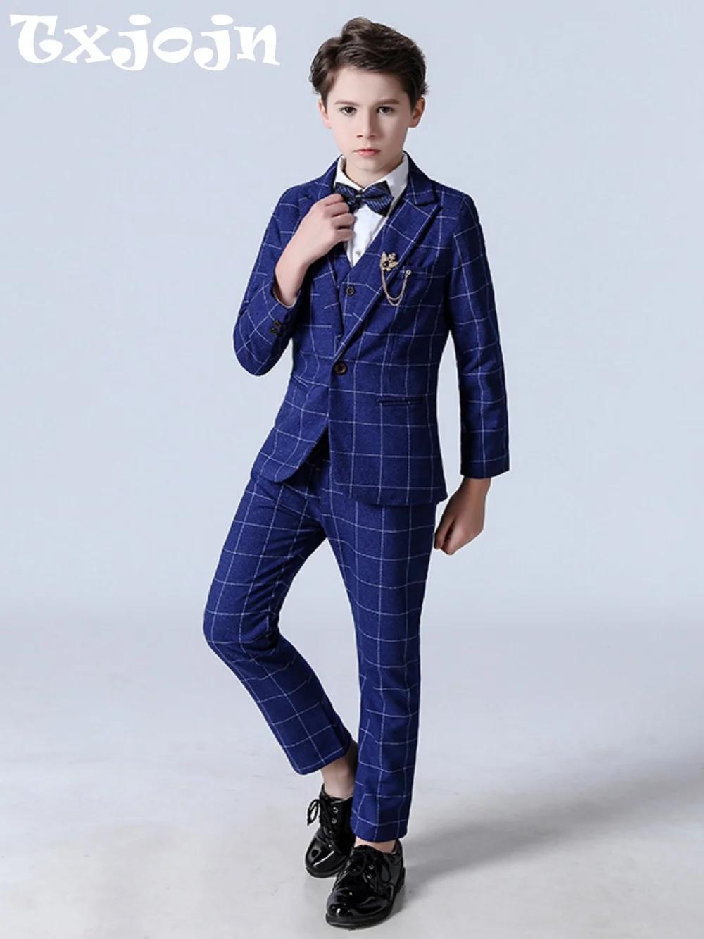 Ensemble de costume à carreaux bleu élégant, 5 pièces, tenue de spectacle de Piano, beaux garçons in