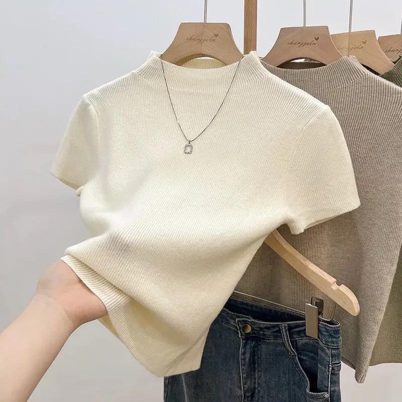 Pull à col roulé pour femme, basique, couleur unie, fin, tricoté, Slim, manches courtes, moulant, ét