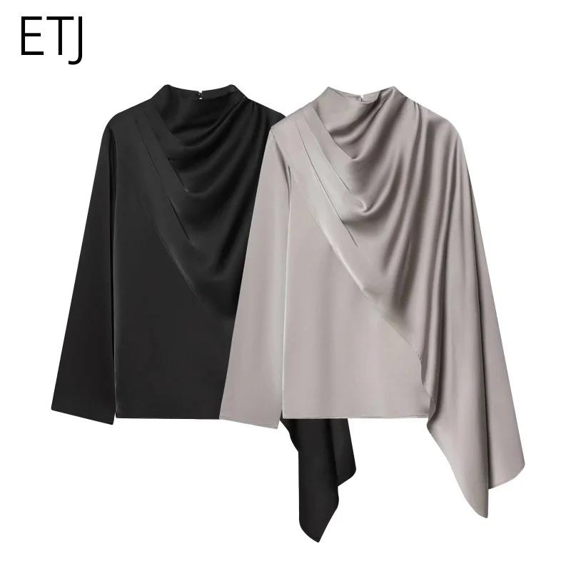 ETJ 2026 printemps nouveau femmes élégant mode châle design satin drapé haut asymétrique froissé che