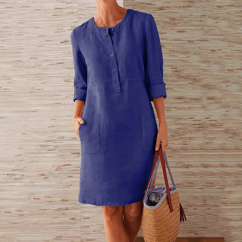 Robe tunique en coton et lin pour femmes, décontractée, solide, manches longues, Vintage, droite, ma