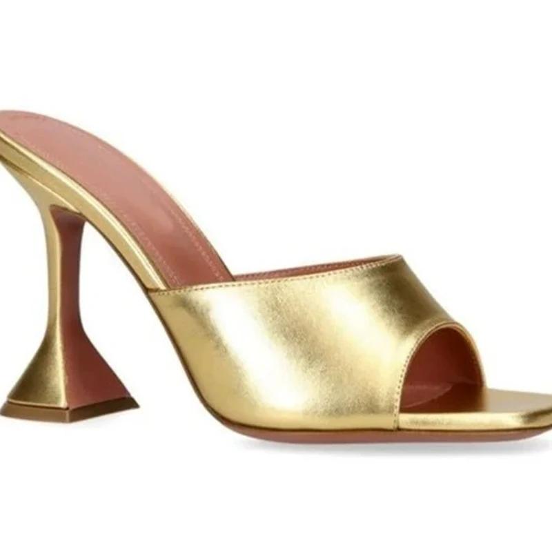 Coloré bout carré bout ouvert en forme de talon haut pantoufles femme été 2025 or sans lacet verre à