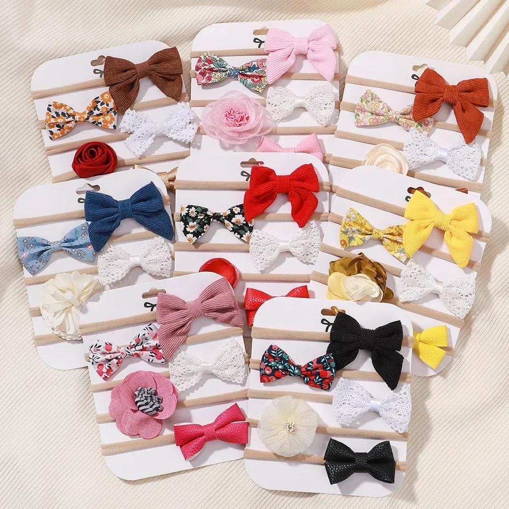 5 pièces/lot bébé élastique en Nylon bandeau nouveau-né belle fleur dentelle arc bandeau pour fille 